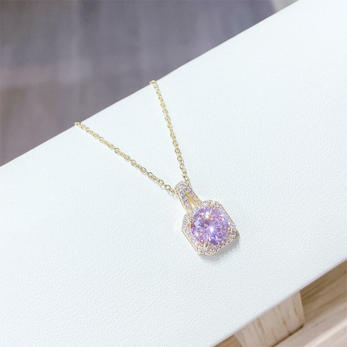 Japanese and Korean Square 3A Zircon Fashion Women's Necklace Micro-Inlaid Elegant Clavicle Chain Pendant