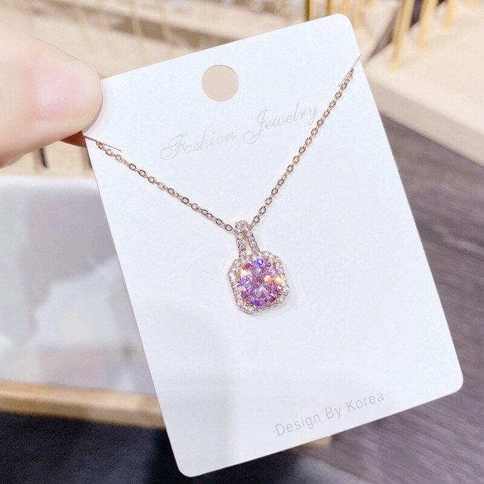 Japanese and Korean Square 3A Zircon Fashion Women's Necklace Micro-Inlaid Elegant Clavicle Chain Pendant