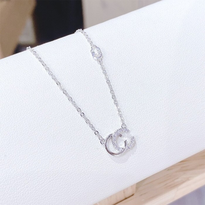 Korean Style Chanel Style Rhinestone Pairs C Clavicle Chain Necklace Simple Fresh Student Temperament Necklace for Women