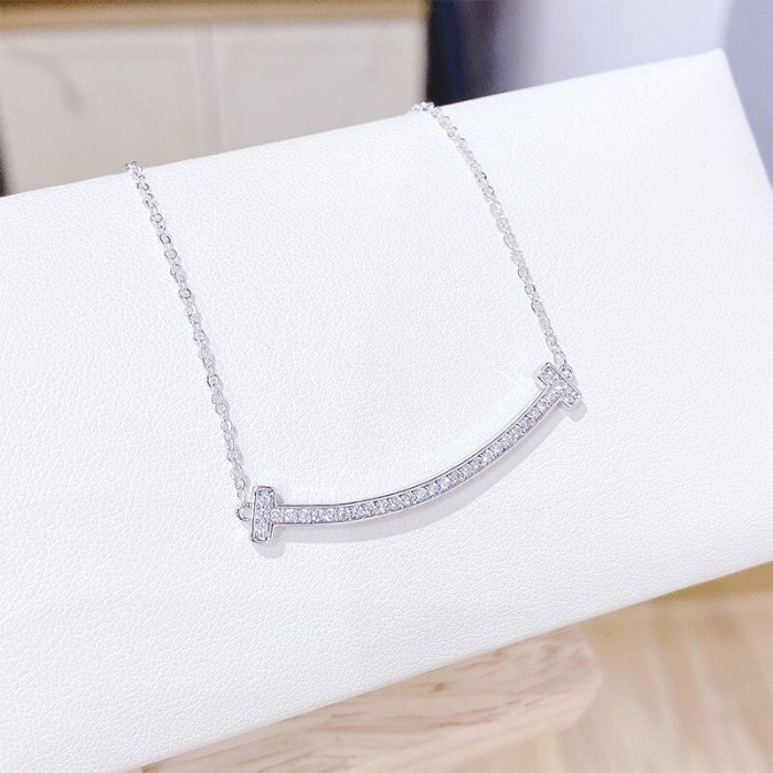 Korean Style Women's Full Diamond Necklace Smile Double T Clavicle Chain Exquisite Fashion All-Match Jewelry