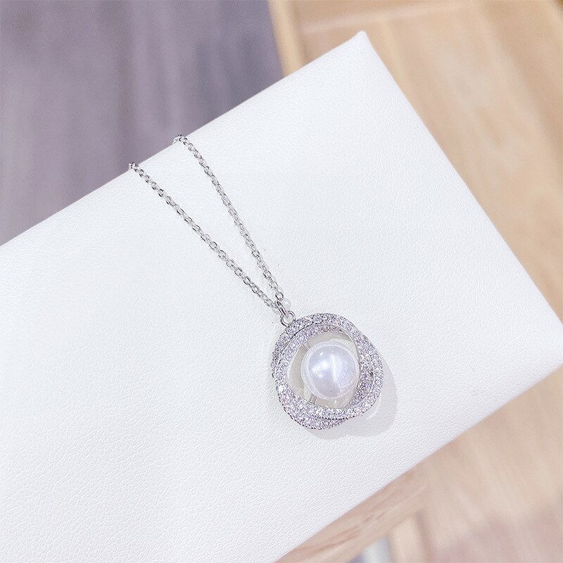 Korean Style Pearl Necklace Female Personality Temperament Full Diamond Petal Clavicle Chain Ins Necklace