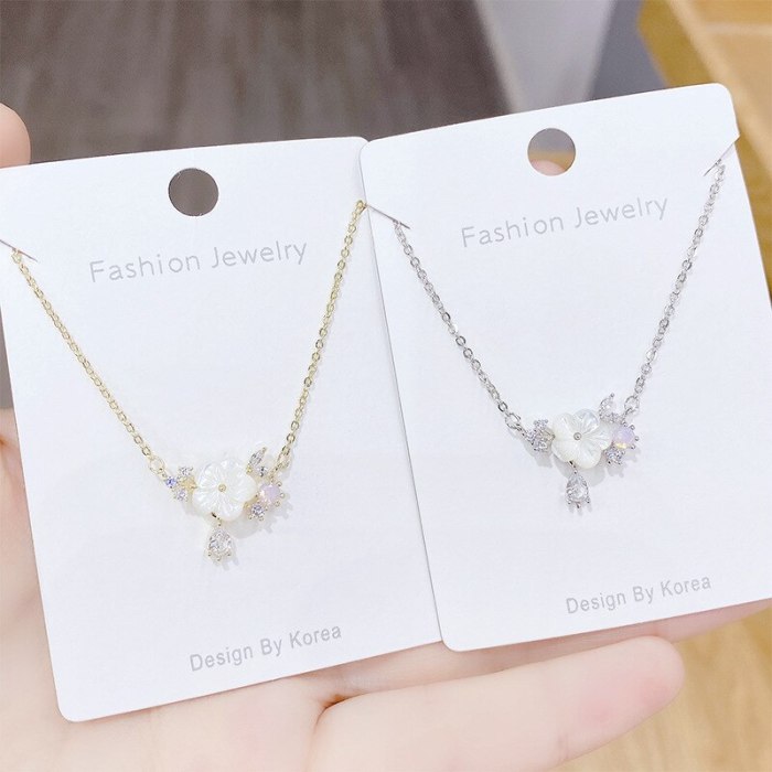 Korean-Style Micro-Inlaid Opal Flower Necklace Zircon Clavicle Chain Real Gold Electroplated Petal Necklace for Women