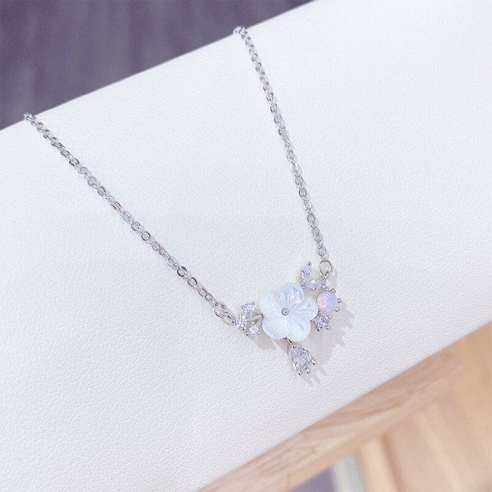 Korean-Style Micro-Inlaid Opal Flower Necklace Zircon Clavicle Chain Real Gold Electroplated Petal Necklace for Women