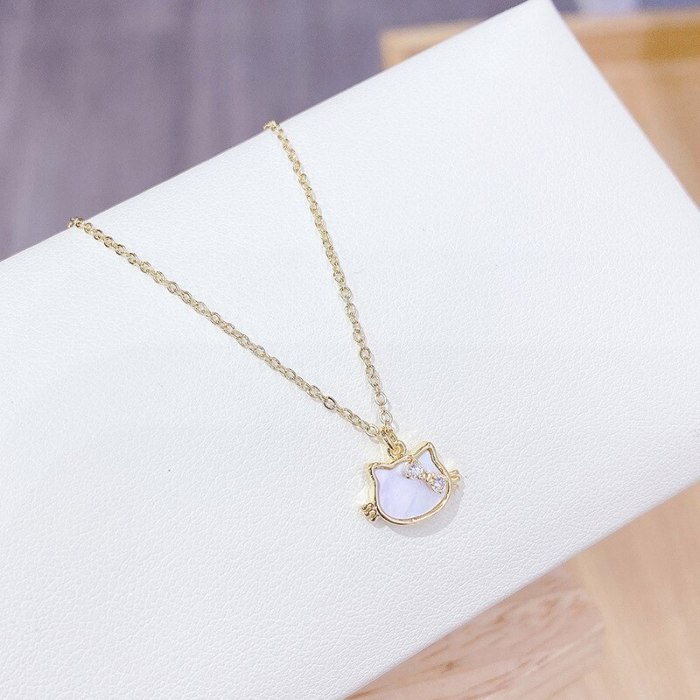 Korean Shell KT Cat Necklace Women's Full Diamond Clavicle Chain Electroplated Real Gold Pendant Clavicle Chain Jewelry