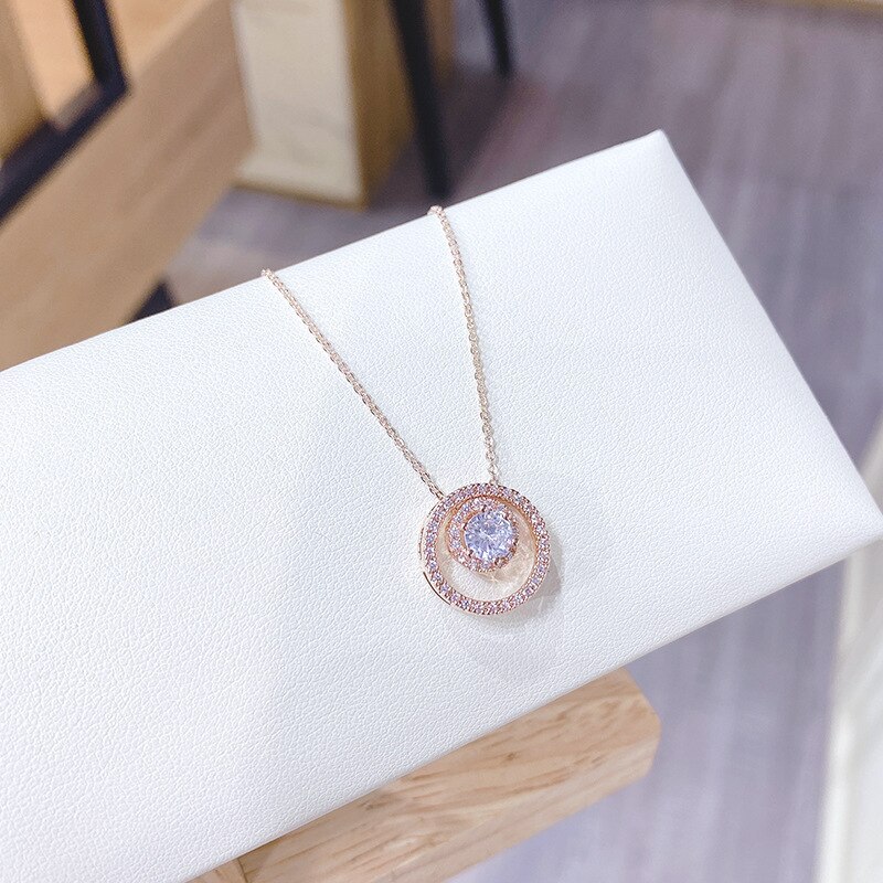 Fashion Diamond-Embedded Geometric round Zircon Necklace Korean Popular New Clavicle Chain Pendant