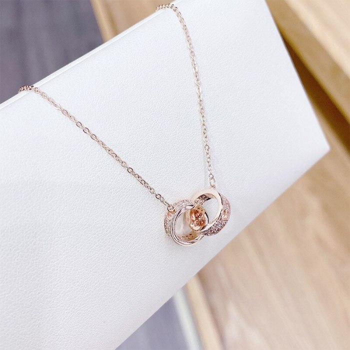 New Necklace Women's Fashion Korean Style Rose Gold Ring Buckle Necklace Double Ring Diamond Short Clavicle Chain Women