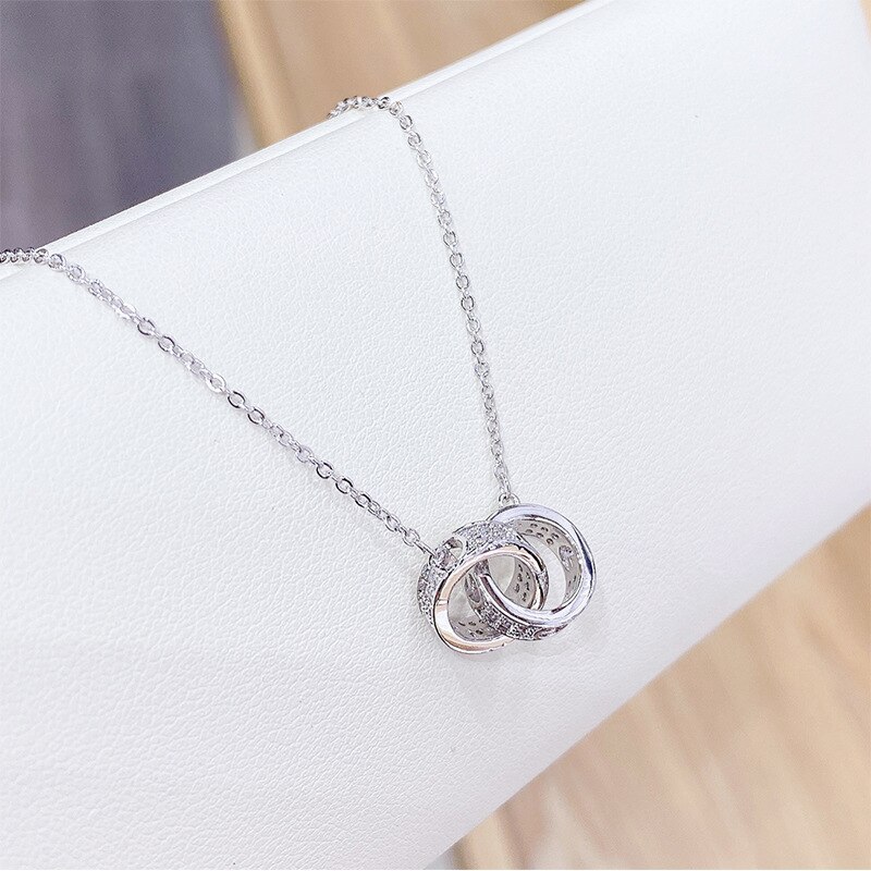 New Necklace Women's Fashion Korean Style Rose Gold Ring Buckle Necklace Double Ring Diamond Short Clavicle Chain Women