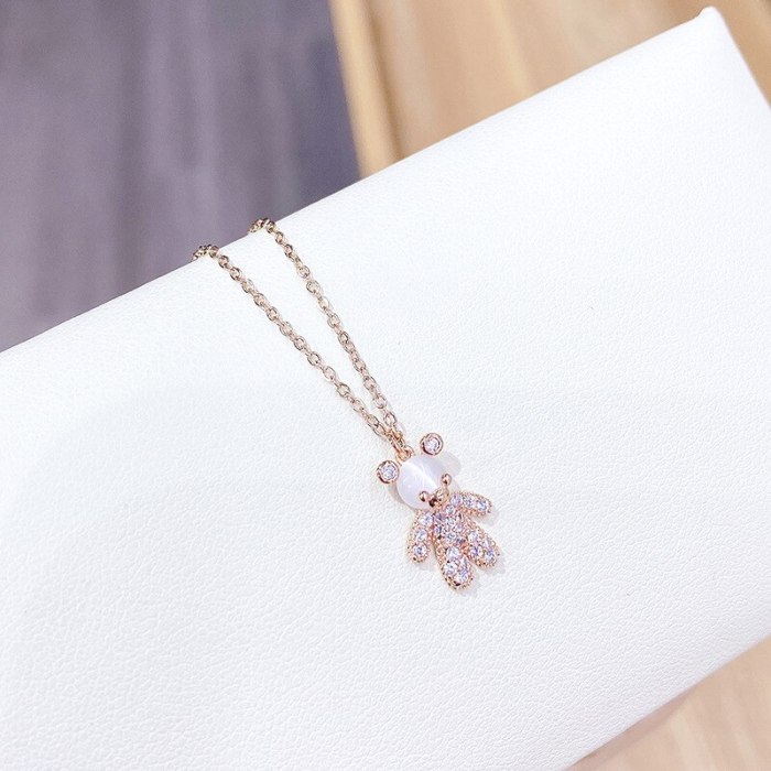 Korean-Style Exquisite Diamond Bear Necklace Cute Temperament Opal Short Clavicle Chain Pendant Temperament Fairy Ins Necklace