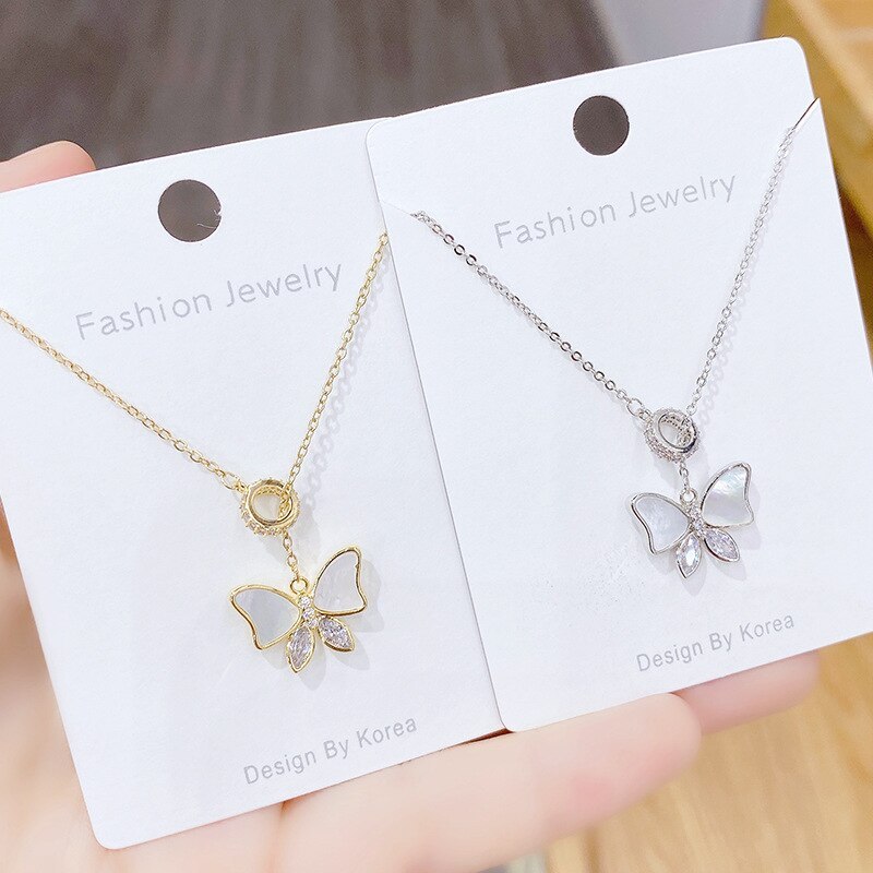 New Fritillary Clavicle Chain Necklace Korean Zircon Bow Long Sweater Chain Personalized Fashion Super Fairy Necklace for Women
