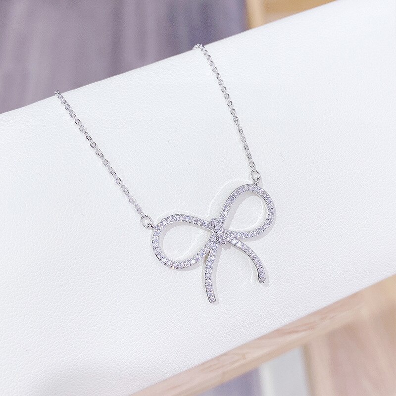 Japanese and Korean New Bow Necklace Women's Micro-Inlaid Diamond Clavicle Chain Elegant All-Match Jewelry