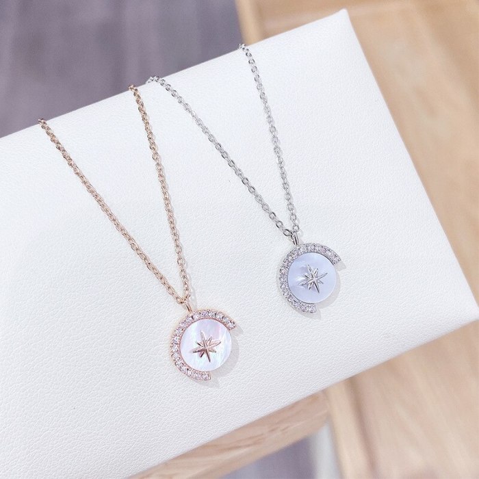 New Korean Style Diamond Shell Eight Awn Star Moon Necklace Female Temperament Zircon Star Clavicle Chain Pendant