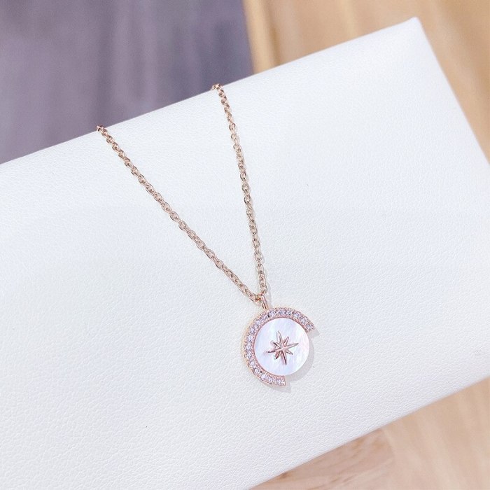 New Korean Style Diamond Shell Eight Awn Star Moon Necklace Female Temperament Zircon Star Clavicle Chain Pendant