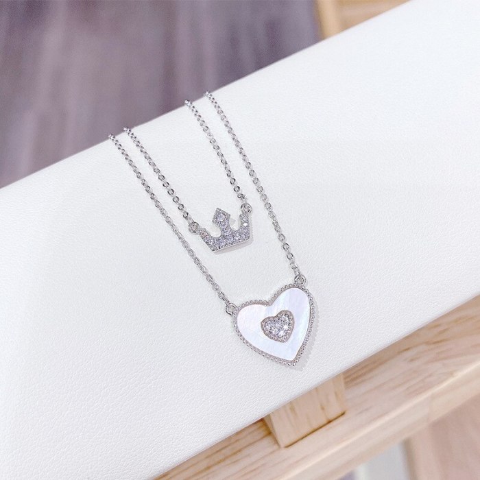 New Dual-Use Shell Peach Heart Necklace Women's Full Diamond Crown Clavicle Chain Pendant Ornament Wholesale