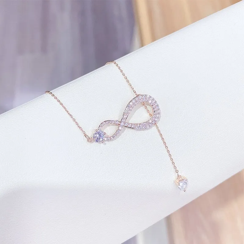 New Diamond Bow Necklace Female Tassel Zircon Clavicle Chain Environmental Protection Electroplated Real Gold Necklace Ornament