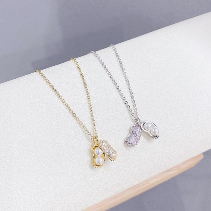 New Korean Style Peanut Pendant Necklace Pearl Women's Necklace Trendy Full Diamond Clavicle Chain Jewelry