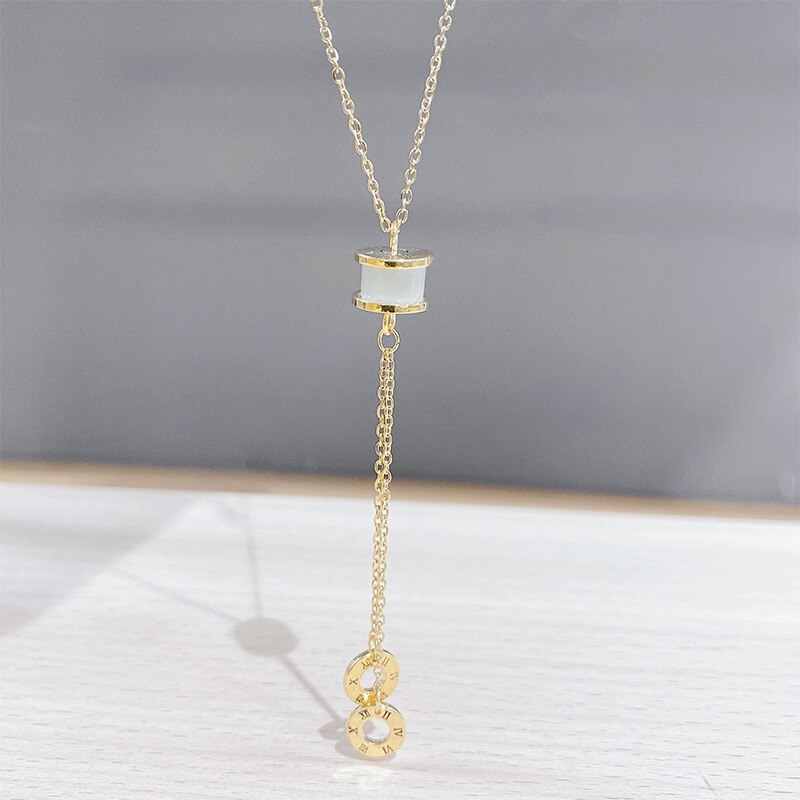 Korean Style Roman Digital Chalcedony Necklace Elegant Women's Simple All-Match Clavicle Chain Fashionable Tassel Short Chain
