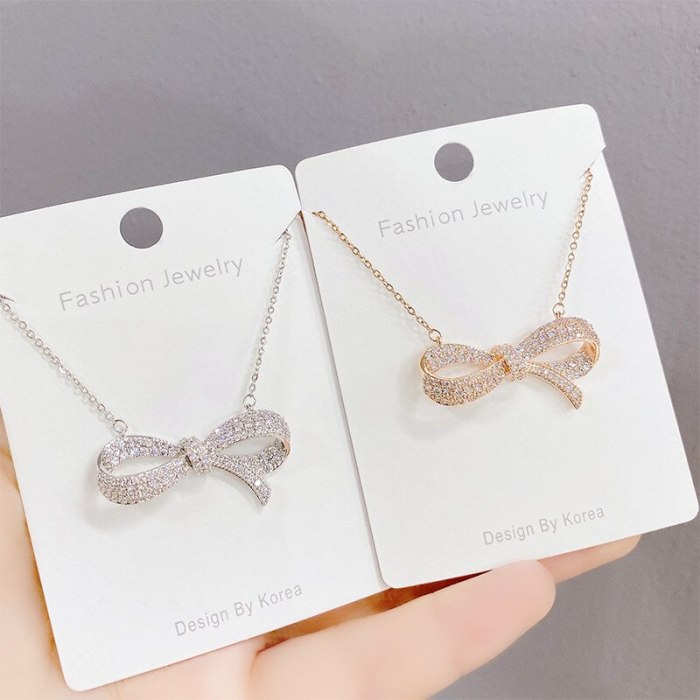 Women's Korean-Style Diamond Bow Necklace with Rose Gold Pendant