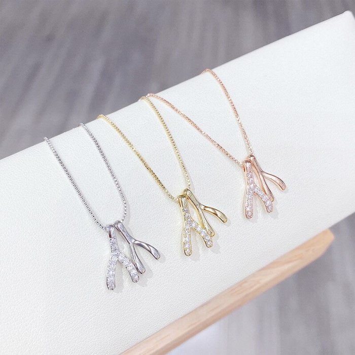 Korean Style Fashion Personalized Micro-Inlaid Full Diamond Wishing Bone Necklace Female Herringbone Pendant Jewelry Wholesale