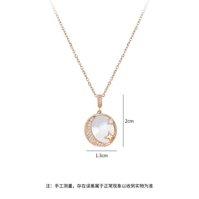 Micro Inlaid Zircon White Mother Shell Moon Necklace Fashionable Temperament Shell Star Moon Clavicle Chain Pendant Ornament