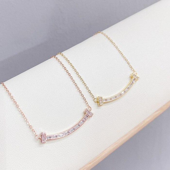 Korean Smile Double T Necklace Women's Fashion Necklace All-Match Micro Inlaid Zircon Smiley Face Clavicle Chain Pendant