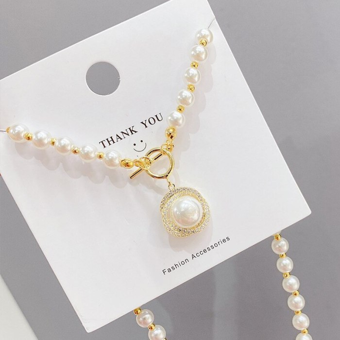Korean Moonstone Irregular Shaped Necklace Freshwater Pearl Necklace Women's Retro Court Temperament Clavicle Chain Pendant