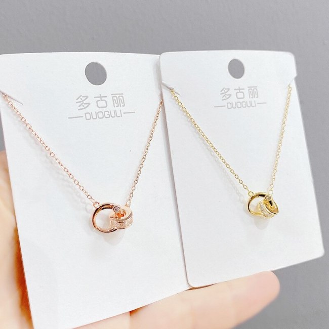 Double Ring Necklace Women's Korean-Style Elegant Zircon Pendant Clavicle Chain Student Fashion Ornament