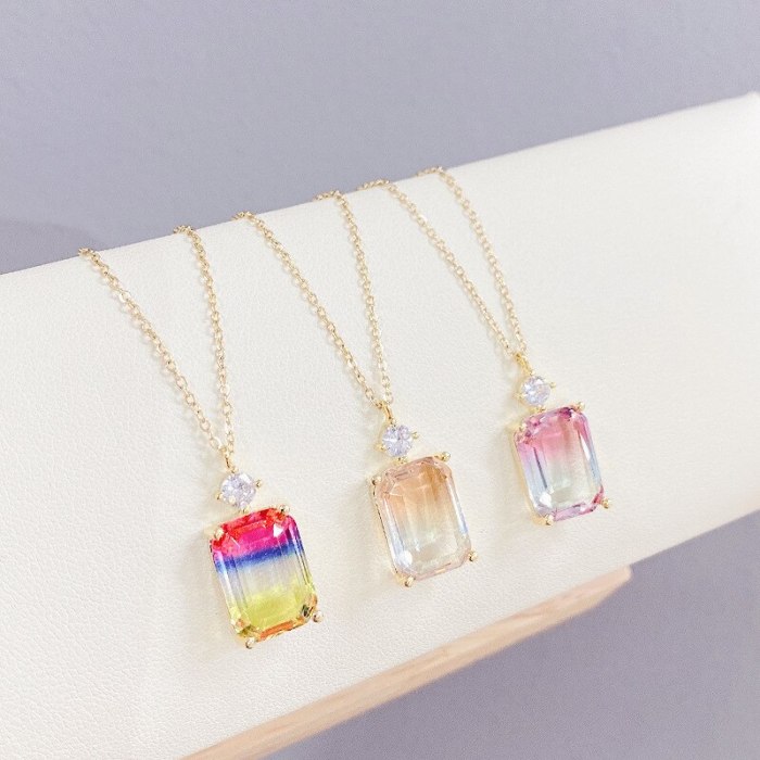European and American Hot Sale Square Zircon Color Pendant Necklace Female Micro-Inlaid Real Gold Plating Clavicle Chain Jewelry