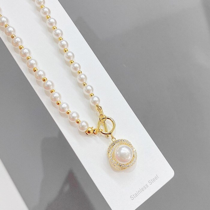 Korean Moonstone Irregular Shaped Necklace Freshwater Pearl Necklace Women's Retro Court Temperament Clavicle Chain Pendant
