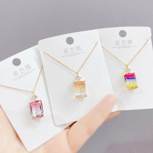 European and American Hot Sale Square Zircon Color Pendant Necklace Female Micro-Inlaid Real Gold Plating Clavicle Chain Jewelry