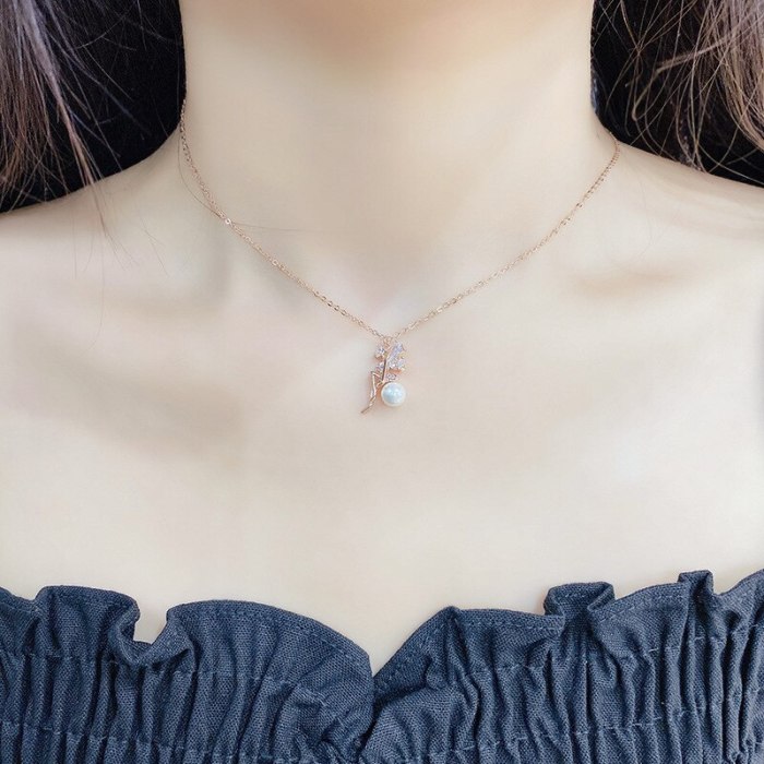 Korean Style Fashion Little Girl Necklace Female Micro Inlaid Zircon Pearl Clavicle Chain Pendant Student Girlfriends Gift