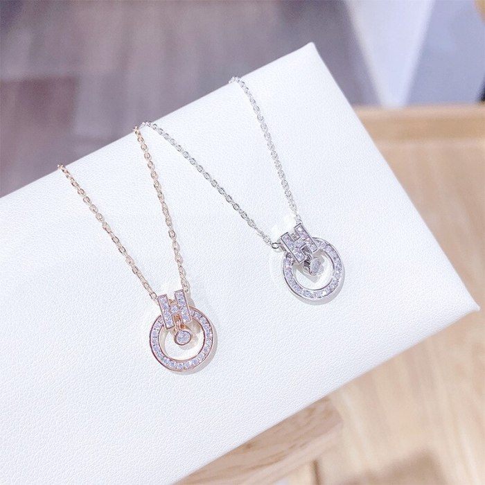 Korean New Simple All-Match H Necklace Elegant Fashion Micro-Inlaid Zircon Full Diamond Letter Clavicle Chain Pendant for Women