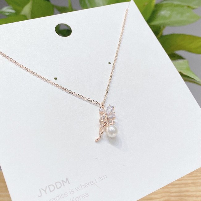 Korean Style Fashion Little Girl Necklace Female Micro Inlaid Zircon Pearl Clavicle Chain Pendant Student Girlfriends Gift