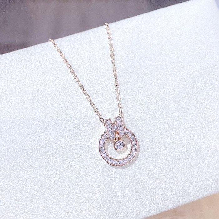 Korean New Simple All-Match H Necklace Elegant Fashion Micro-Inlaid Zircon Full Diamond Letter Clavicle Chain Pendant for Women