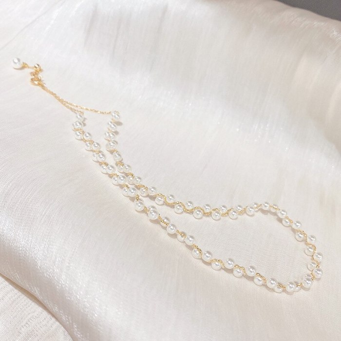 Japanese and Korean Style Simple Elegant Pearl Woven Necklace Pull Adjustable Pearl Short Necklace Female Jewelry