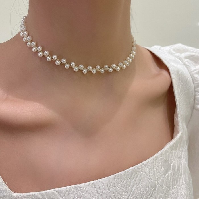 Japanese and Korean Style Simple Elegant Pearl Woven Necklace Pull Adjustable Pearl Short Necklace Female Jewelry