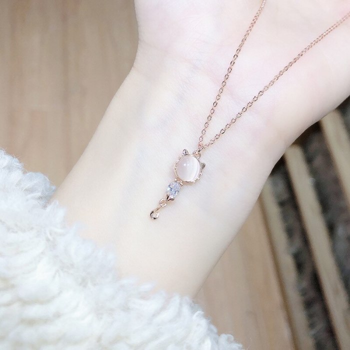 Fashion Pendant Korean Style Creative Pink Crystal Kitty Pendant Cute Animal Shape Opal Pendant Necklace