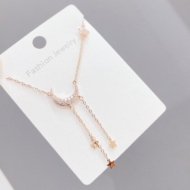 Korean Fashion Necklace Women Five-Pointed Star Sterling Silver Light Luxury Star Moon Elegant All-Match Clavicle Chain Pendant