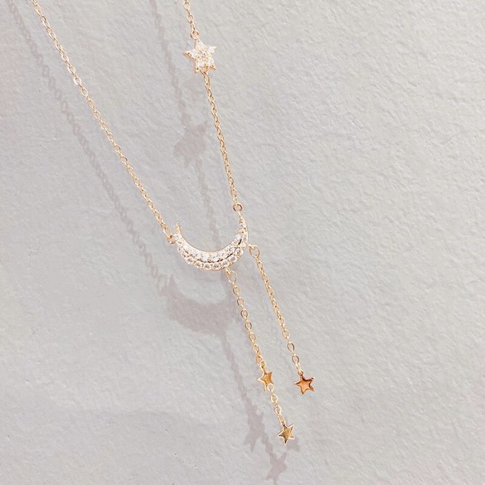 Korean Fashion Necklace Women Five-Pointed Star Sterling Silver Light Luxury Star Moon Elegant All-Match Clavicle Chain Pendant