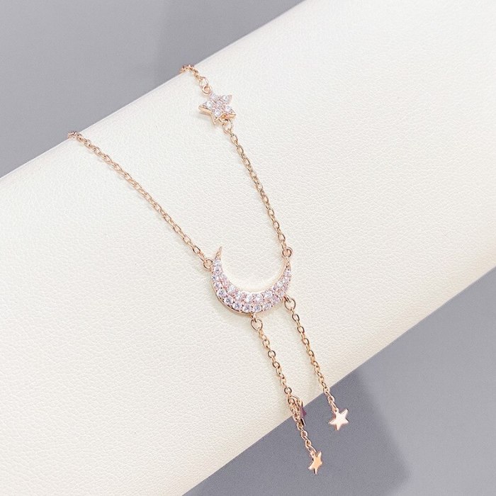 Korean Fashion Necklace Women Five-Pointed Star Sterling Silver Light Luxury Star Moon Elegant All-Match Clavicle Chain Pendant