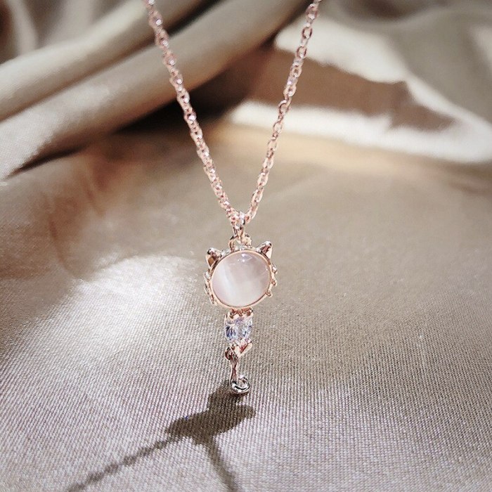 Fashion Pendant Korean Style Creative Pink Crystal Kitty Pendant Cute Animal Shape Opal Pendant Necklace