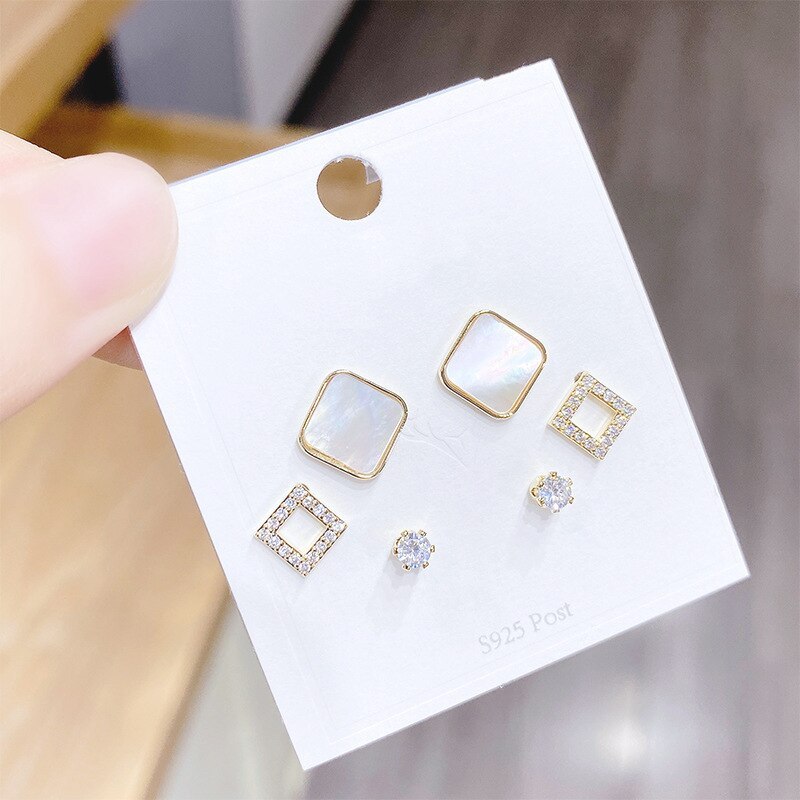 Three Pairs of S925 Silver Needle Simple Stud Earrings Korean Style Gold Plated Shell Sweet Exquisite Inlaid Zircon Earrings