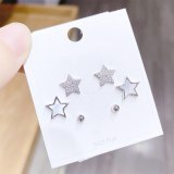 Korean Style Micro Inlaid Zircon 925 Silver Needle Stud Earrings Three Pairs Small Ear Studs Boutique Stud Earrings Shell Star