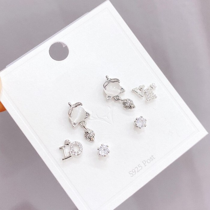 New Three Pairs of Stud Earrings S925 Silver Needle Ear Rings Fashion All-Match Simple Women's Wholesale