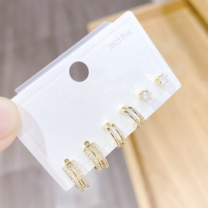 Korean S925 Silver Pin Stud Earrings Gold Plated 14K Gold Zircon Micro Inlaid Three Pairs of Stud Earrings Jewelry Wholesale