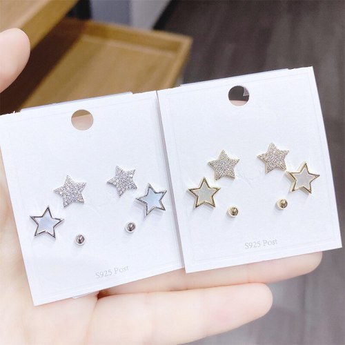 Korean Style Micro Inlaid Zircon 925 Silver Needle Stud Earrings Three Pairs Small Ear Studs Boutique Stud Earrings Shell Star