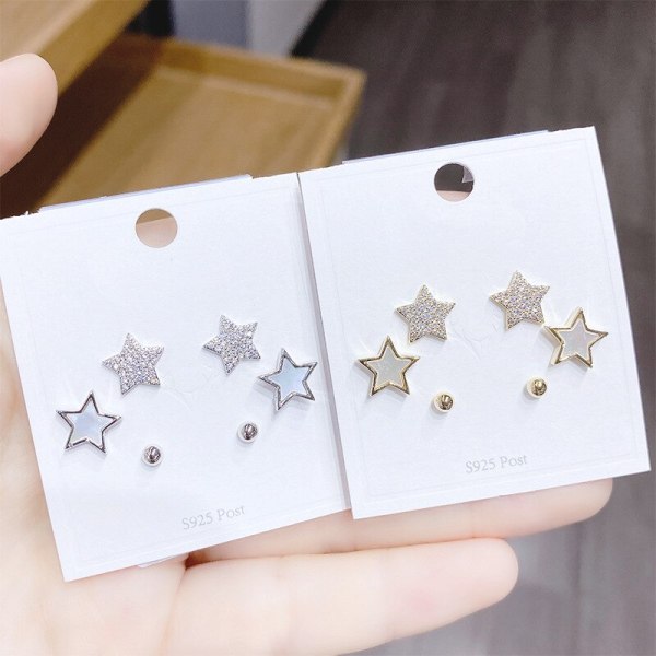 Korean Style Micro Inlaid Zircon 925 Silver Needle Stud Earrings Three Pairs Small Ear Studs Boutique Stud Earrings Shell Star