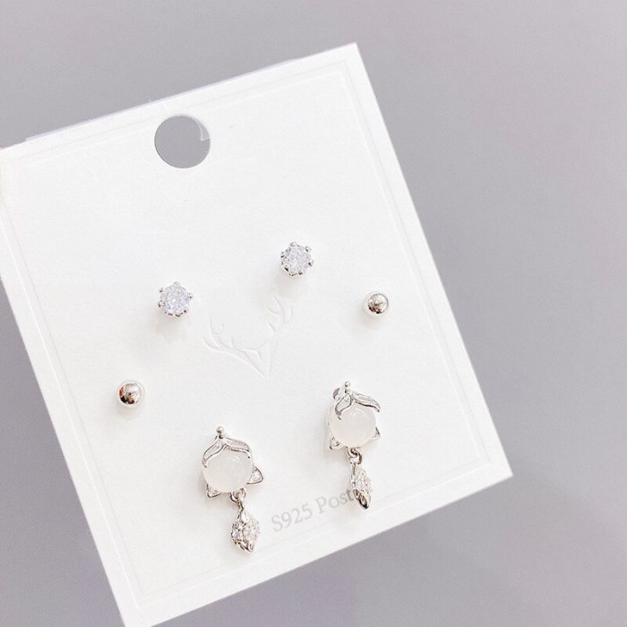 New Three Pairs of Stud Earrings S925 Silver Needle Ear Rings Fashion All-Match Simple Women's Opal Stud Earrings
