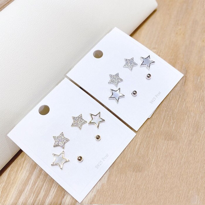 Korean Style Micro Inlaid Zircon 925 Silver Needle Stud Earrings Three Pairs Small Ear Studs Boutique Stud Earrings Shell Star