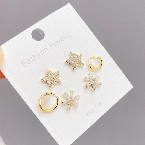 Korean Style Exquisite 925 Silver Needle with Chain Zircon Female Stud Earrings Versatile Temperament Earrings 3pcs/Set