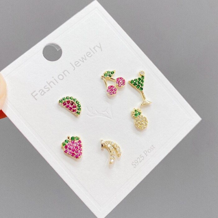 S925 Silver Needle Fashion Girl 3pcs/Set Stud Earrings Fruit Student Mini Simple Stud Earrings Female Jewelry